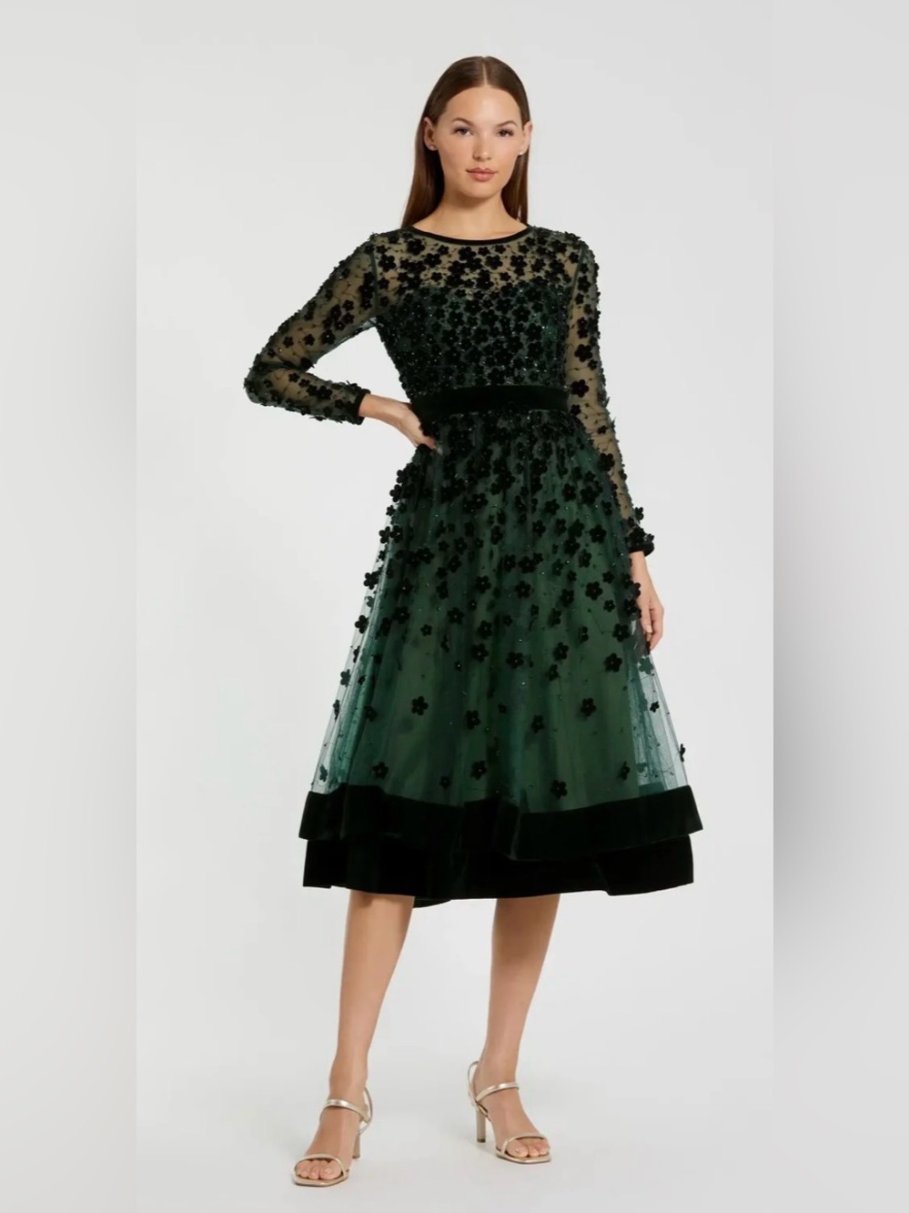 MAC DUGGAL Green Embellished Long Sleeve Velvet Trim A-Line Midi Dress